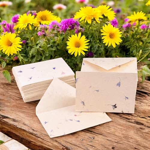 Image of Kathmandu Valley Co. 50 Vintage 4x6 Handmade Lokta Paper Nepali Cherish Greeting Cards & Matching Decorative Flower Petal Envelopes. Folded blank cards. Handmade In Nepal. (Cornflower)