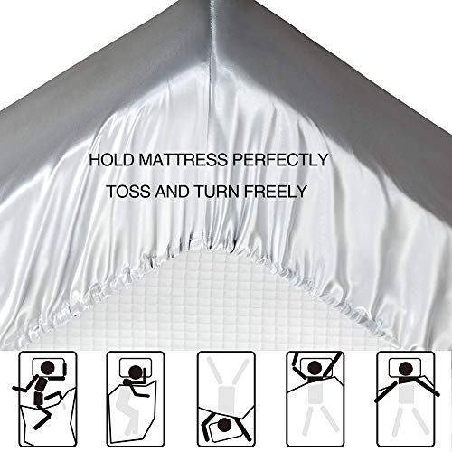 Satin Bed Sheets Queen Sheet Set, Silver Grey Silk Sheets, 4 - Pieces Soft Bedding Set With 1 Deep Pocket Fitted Sheet,1 Flat Sheet,2 Pillowcase #TOP2