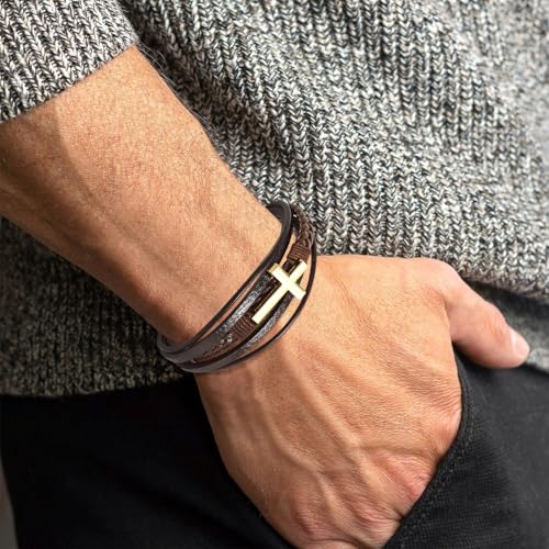 Pulsera trenzada de cuero para hombre con cruz miniatura 5
