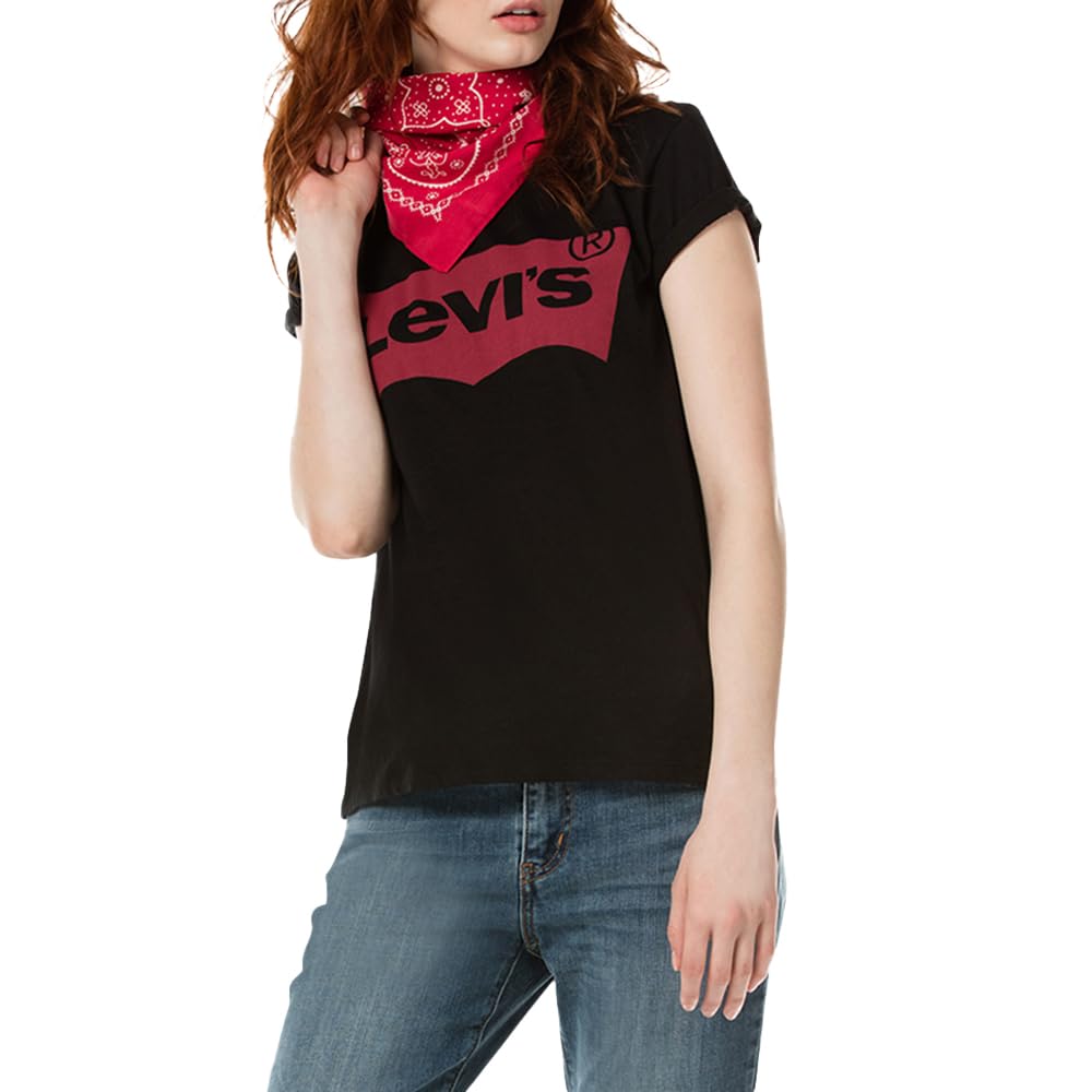Levi's Women's Stonewashed Black The Perfect Tee- Large Batwing Logo T-Shirt, Xxs