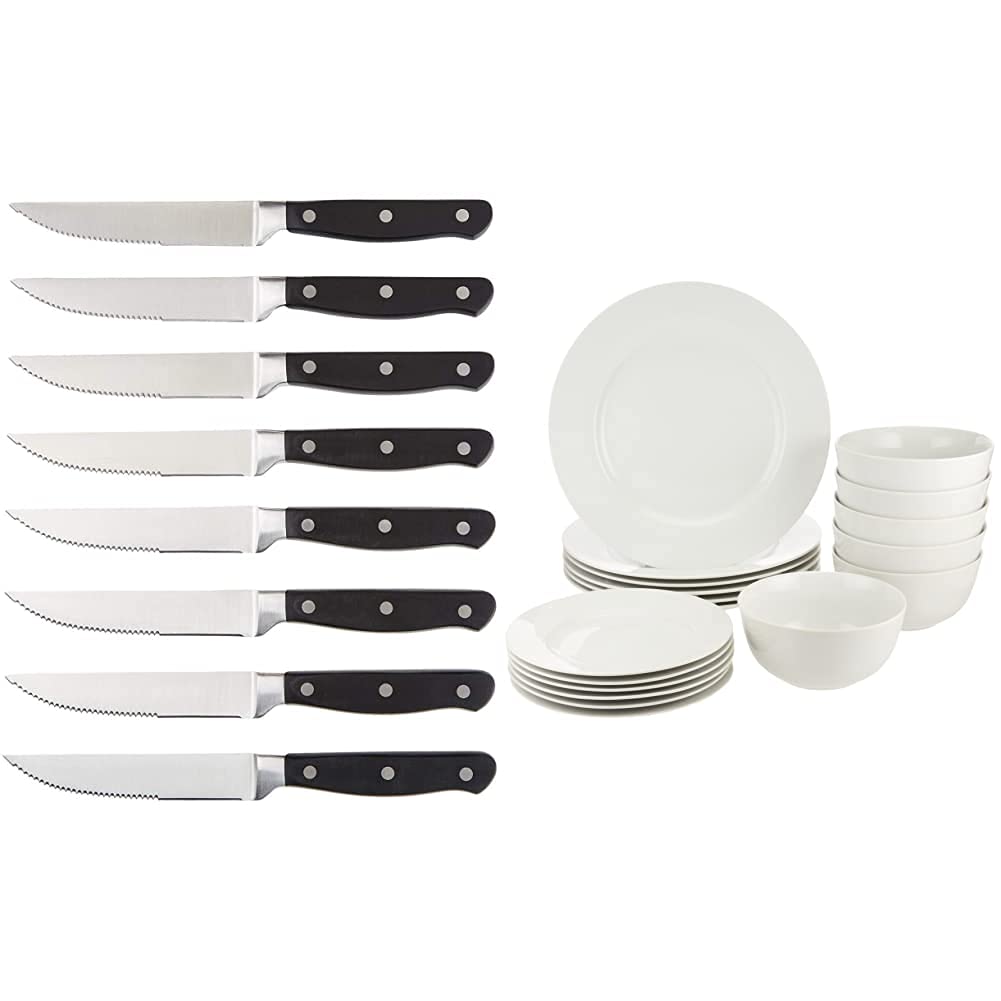 Amazon Basics - Juego de 8 cuchillos de carne + Vajilla para 6 personas (18 piezas)
