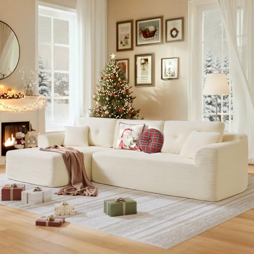 VASAGLE 108.3 Inches Boneless Couch with Chaise, Modular Sectional Sofa, Modern Cloud Couch with Deep Seat, L-Shape Corduroy Sofa for Living Room, Left-Facing Chaise, Bedroom, Cream White UL