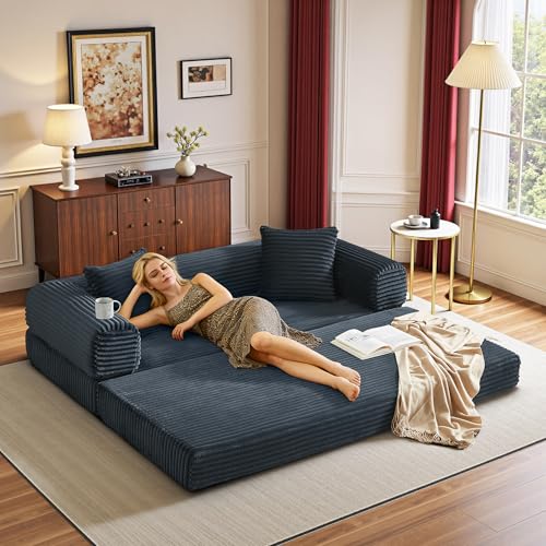 Image of Boneless Couch Futon Sofa Bed Sectional Couches for Living Room,Cloud Couch with Sleeper Sofa,Sofas for Living Room Oversized Corduroy Upholstered (Gray, 76 Inches (No Iron Frame))