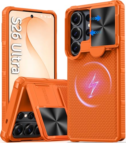 Image of Magnetic for Samsung Galaxy S26 Ultra Case,[Slide Camera Cover][Kickstand][Compatible with Magsafe][Military Grade Protection] Shockproof Rugged Case for Galaxy S26 Ultra,Orange