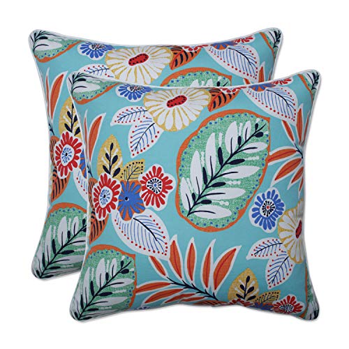 Pillow Perfect Bright Floral Outdoor Throw Accent Pillow, Plush Fill, Weather, And Fade Resistant, Medium Square - 16.5" X 16.5", Blue/Orange Marlow, 2 Count #TOP10
