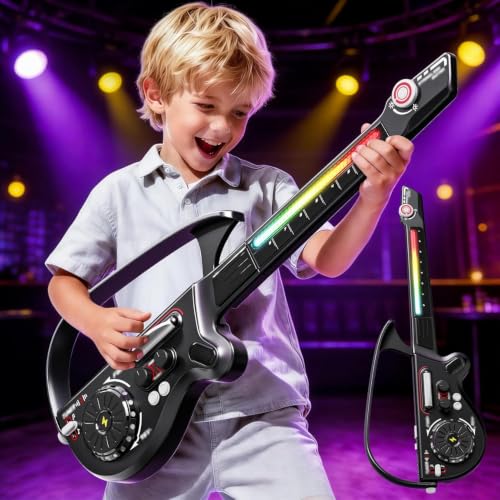 BLUEYAK Stringless Toddler Guitar, 27.6 in Multi-Functional Electric Guitar for Kids, 4 in 1 Rechargeable Musical Instrument with LED Light-Up, Bluetooth, DJ Mixer, Black