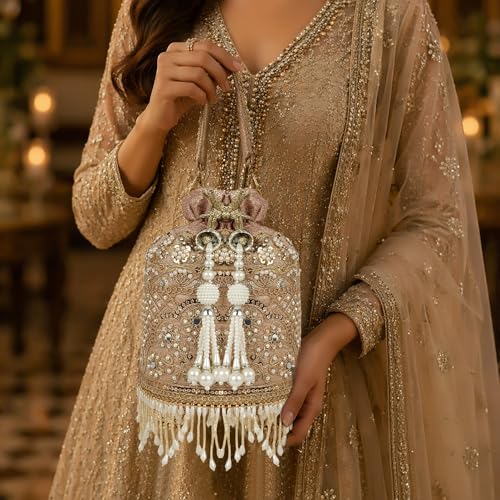 Image of Nevis Silk Fabric Designe Embroidered Potli Bag with Pearl Tassels & Beaded Strap | Bridal Ethnic Drawstring Clutch for Wedding