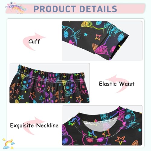 Neon Cartoon Cats Stars Cute Pajama Sets Long Sleeve Top and Pants, Snug Fit Sleepwear for Night Wears4