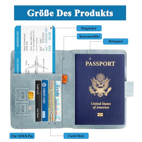 Reisepasshülle und Kofferanhänger Set, Kunstleder Passport Cover mit Koffer Anhänger, Hülle Reisepass mit RFID-Blocker für Reisepass Kreditkarten Personalausweise Reisedokumente, Urlaub Gadget (blau)