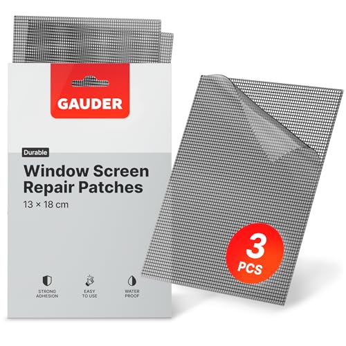 GAUDER Fly Screen Repair Patches - Insect Screen Repair Set made from Fiberglass Self-Adhesive - Tape for Door, Porch and Window (3 Patches - 130 x 180 mm)