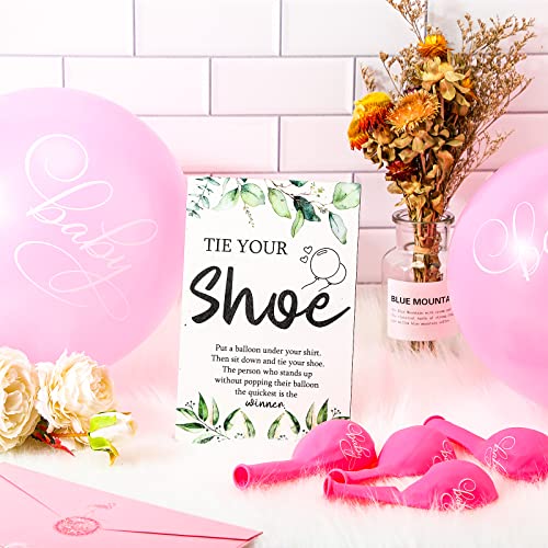 Image of Roowest 51 Pcs Tie Your Shoe Baby Shower Game Sign Wooden Sign Greenery Gift Sets Gender Reveal Party Favors 50 Balloons Latex Balloons for Game Wedding Supplies(Pink,Leaf)