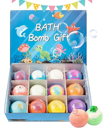 12 Pack Bath Bombs with Surprise Inside Bubble Bathes 2026 Spring Gift Easter Basket Stuffers Ocean Theme Natural Sea Salt Colorful Color Changing Spa Balls Premium Box Set (1set)