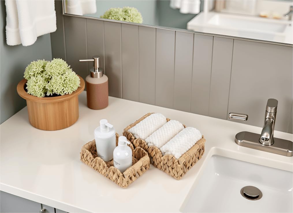 Kriitools Scalloped Wicker Rattan Baskets for Shelf, Toilet Paper Storage Basket for Over Toilet Storage Shelf, End Table, Living Room, Bedroom, Shelves, Handwoven Farmhouse Home Decor, Natural Set 2