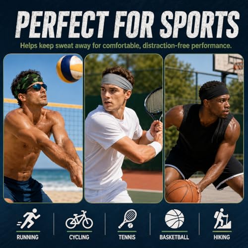 Image of 9 pcs Sweatbands for Men Workout Sport Headbands for Men Camo Headband Sweat Absorbing Headband Wide Sweatband for Head Basketball Football Cycling Running Yoga, 4.7 x 9.8 Inch