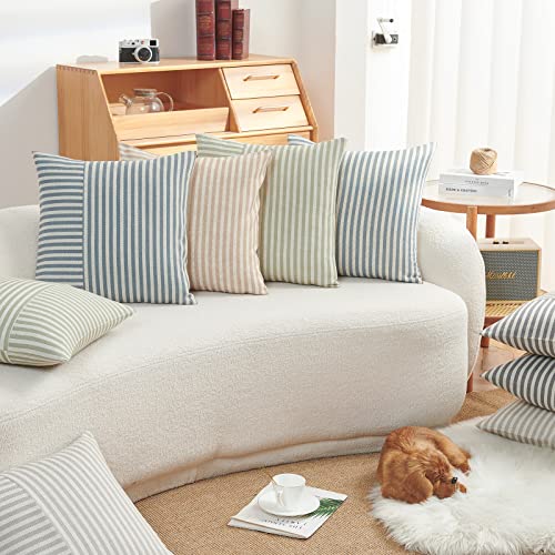 Jinchan Striped Throw Pillow Covers Farmhouse Boho Geometric Linen Ticking Stripe Pattern Cushion Covers Pinstripe Durable Pillowcases For Sofa Couch Bed Living Room 18X18 Inch Green Pack Of 2 #TOP7