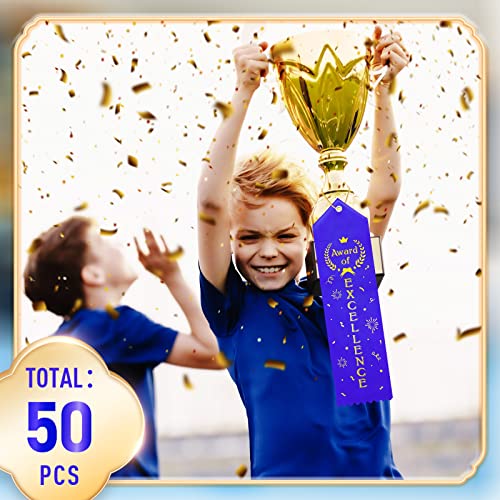 Award of Excellence Ribbons Award Ribbons Prize Ribbons Achievement Ribbon with Event Card and Rope for Kids Competition, Sports Event, Contests, School, Office Team (50 Pieces)
