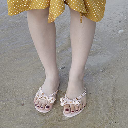 Image of TYFLOVE Women Rivet Flip Flops Studded Jelly Thong Sandals with Bow Summer Bowtie Flat Beach Rain Shoes