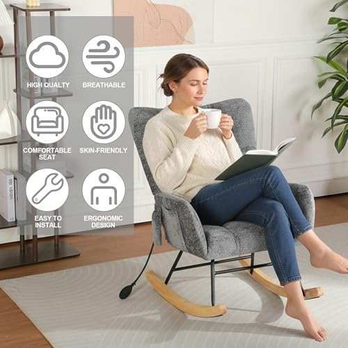 Image of Rocking Chair Nursery with Airbag, Comfy Modern Nursery Rocking Reading Chair Indoor, Cozy Upholstered Glider Rocker Chairs for Living Room Bedroom Offices, (Chenille, Dark Grey)