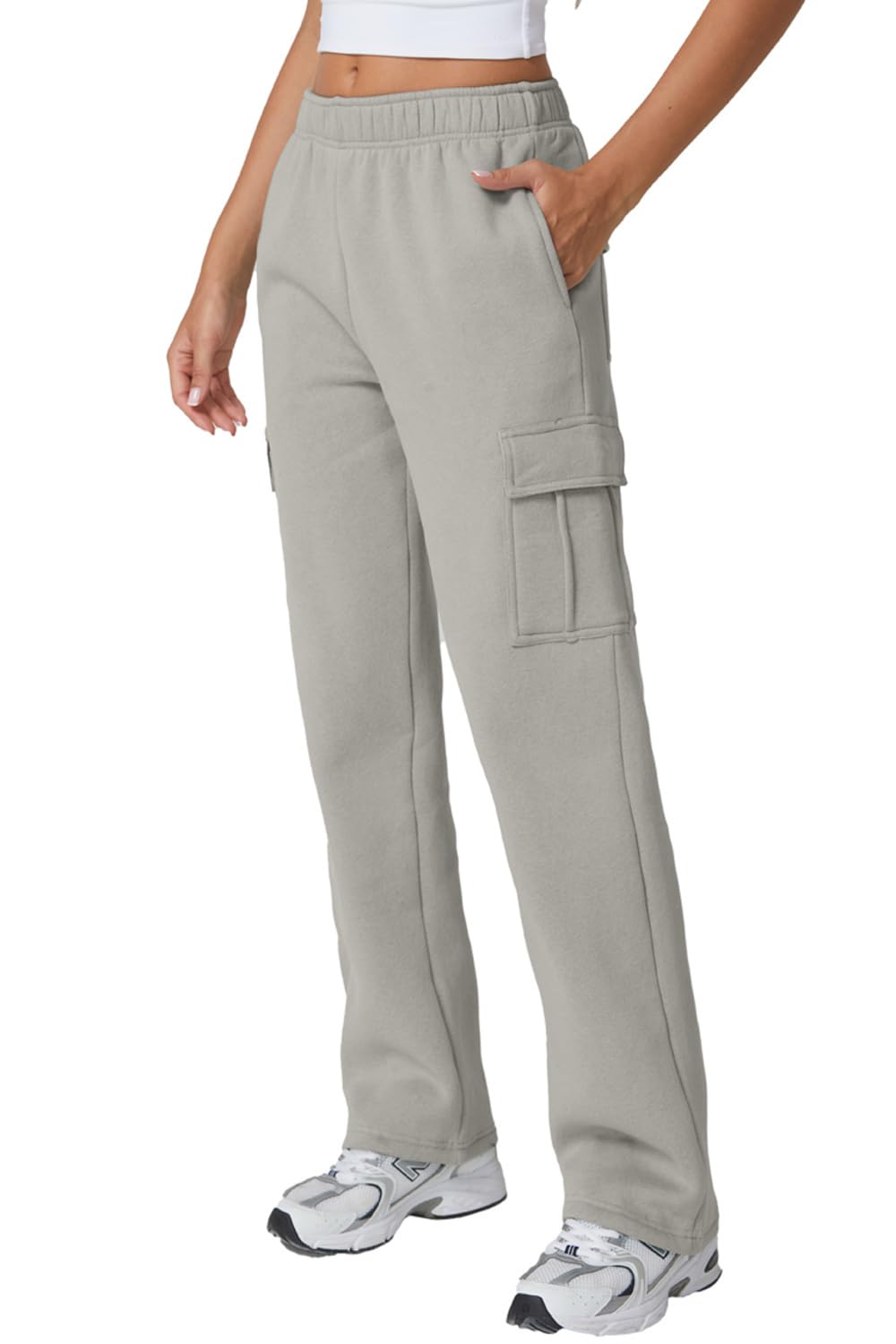 QINSEN Womens Medium Waist Baggy Elastic Waist Sweatpants Casual Fleece Long Pants with Pockets