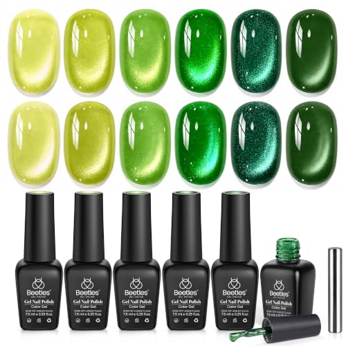 Beetles Green Spirit Cat Eye Gel Nail Polish Set - 6 Colors Glitter Green Cat Eye Spring Gel Polish Kit Lime Emerald Olive Magnetic Shine Soak Off UV Manicure Gift for Women