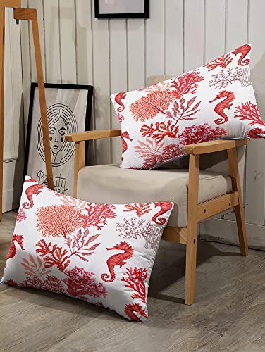 Ocean Coral Comforter Set For Kids And Adults, Twin Size Red Tropical Hippocampus Themed Bedding Quilt Bedspreads With 2 Ocean Patterned Pillowcases - 68" X 86" (Twin, Red) #TOP5