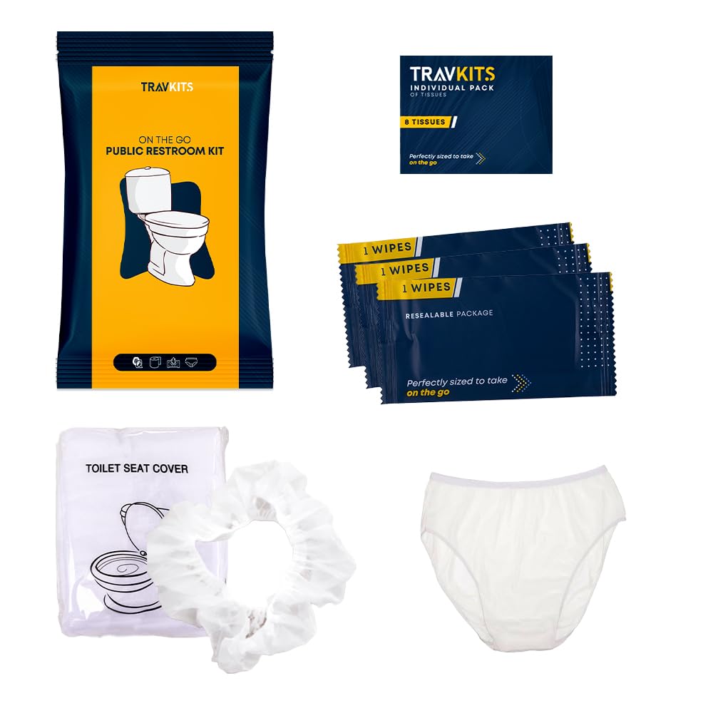 Travkits Public Restroom Kit - On-The-Go Essential for Your Travel Needs - Wipes, Toilet Seat Cover, 6 Tissues & Unisex Underwear - Compact Package for Camping & Outdoors Fitting Inside a Purse