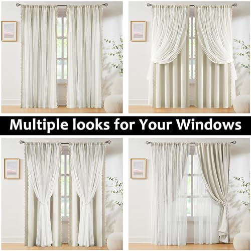 Image of Pom-Pom Blackout Curtains with Sheer Overlay for Bedroom 84 inchL Ivory Mix and Match Double Layer Blackout Curtains for Living Room Nursery Kid's Room Drapes with Tiebacks Rod Pocket 52 inch W x2 Natural