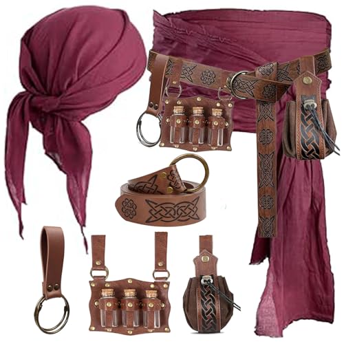 KOTORA Pirate Costume Pirate Head Scarf Bandanas Belt Waist Sash Medieval Belt Pouch Coin Purse Leather Hook Festival Sets (Pattern02 Brown)