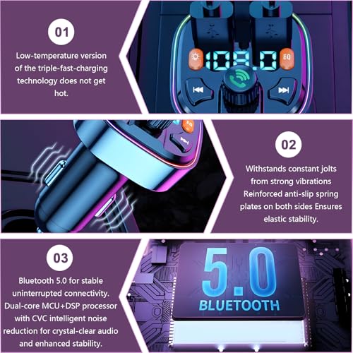 Transmisor FM Bluetooth para Coche, [Tipo-C PD20W y QC 3.0] Adaptador Bluetooth para Radio de Coche MP3, Adaptador Q5, Cargador de Coche, para 2 USB y Tipo C, soporta Llamadas Manos Libres - imagen 4