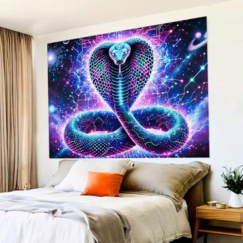 Image of BlissYard Blacklight Tapestry Cobra Snake Decor 78x59 Inch Neon Glow in Dark Backdrop Blacklight Tapestry Psychedelic Galaxy Reptile Scene for Bedroom Wall Hanging Party Room Cosmic Jungle Art