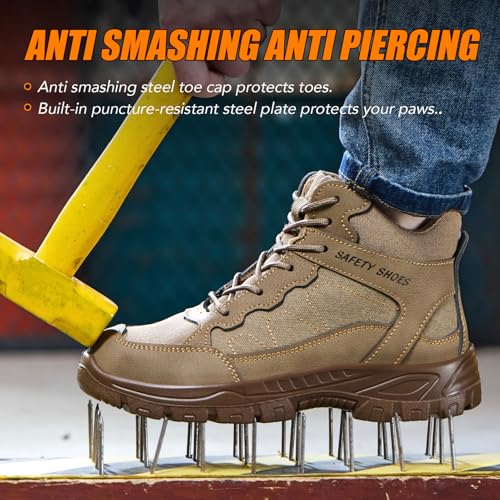 Steel Toe Work Boots for Men, High Top Composite Toe Safety Boots, Ultra-fiber & Canvas Upper, Lace-up, Indestructible Construction Industrial Safety Shoes Brown2
