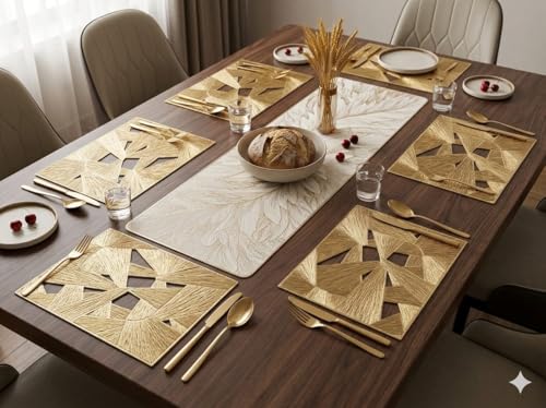 Image of Dining Table Mat and Runner Set for Home Kitchen Reusable Placemat Combo Set for Everyday Dining Use and Table Setup (geomatric Prism + Modern ractangle Runner, Pack of 7 (6+1))