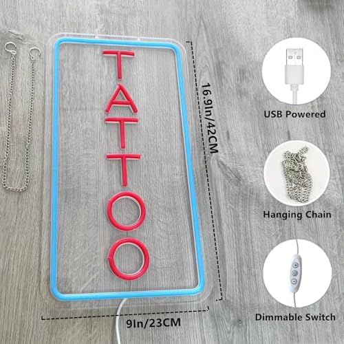Image of Neon Tattoo Light,LED Arylic Tattoo Neon Sign for Tattoo Shop Door Wall Light up Decor,Reusable and Dimmable Tattoo Gifts for Tattoo Lover,Tattoo Decor Shop Sign Open,16x9In