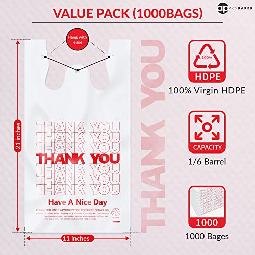 Image of ACYPAPER, Thank You T-Shirt Bags (1000 Count), Plastic - T-Shirt Plastic Bags in Bulk - (11 inch x 6 inch x 21 inch) White /Thank You - Bulk Shopping Bags, Restaurant Bag - 1 /6 Barrel (Pack of 2)
