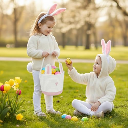 ShellKingdom Easter Basket, Empty Woven Cotton Rope Cute Bunny Easter Eggs Bucket with Handle, Easter Egg Hunts Basket for Gifts, Party, Home Decoration, Storage Organizer (Easter White Pink) by ShellKingdom - Image 4