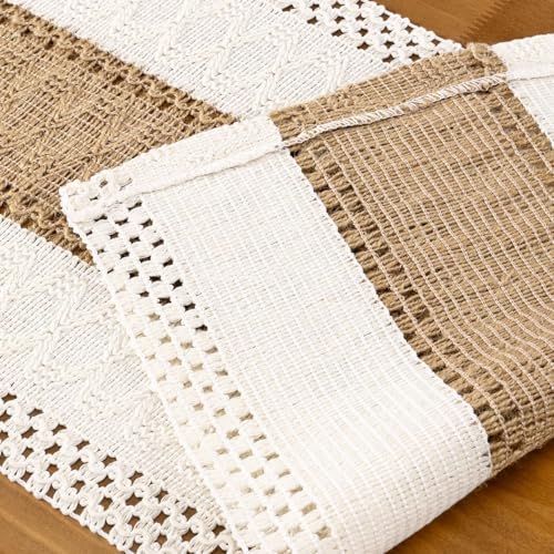 Image of MLMC Ivory & Burlap Boho Table Runner Farmhouse Cotton Burlap Woven Table Runner 48 inch Long Rustic Seasonal Table Decor for Dinning Kitchen Wedding Bridal Shower Eveyrday Use 12x48 Inch