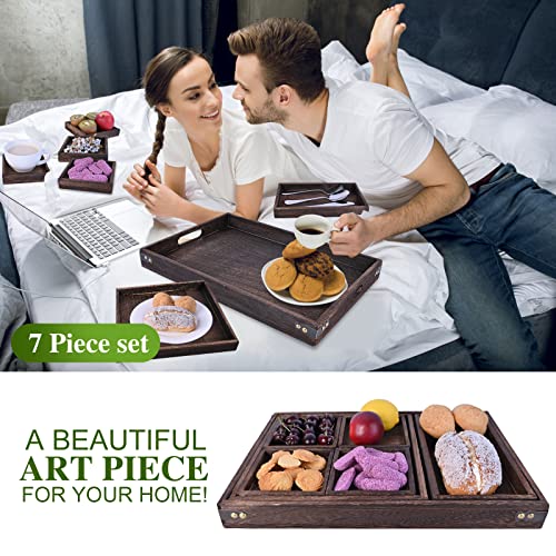 Wood Serving Tray With Handles, Set Of 7 Rectangular Wooden Nesting Multipurpose Trays, Decorative Serving Trays Platter For Breakfast In Bed, Lunch, Dinner, Patio, Ottoman, Coffee Table, Party #TOP4