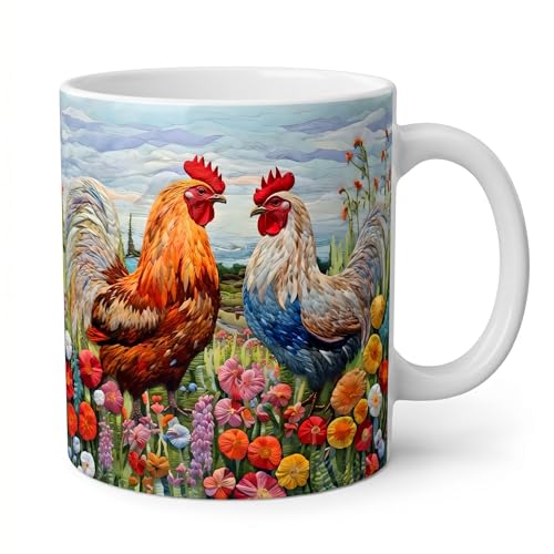 Shopi Zone Tasse en céramique coqs dans le jardin floral – Art coloré pour les amateurs de campagne