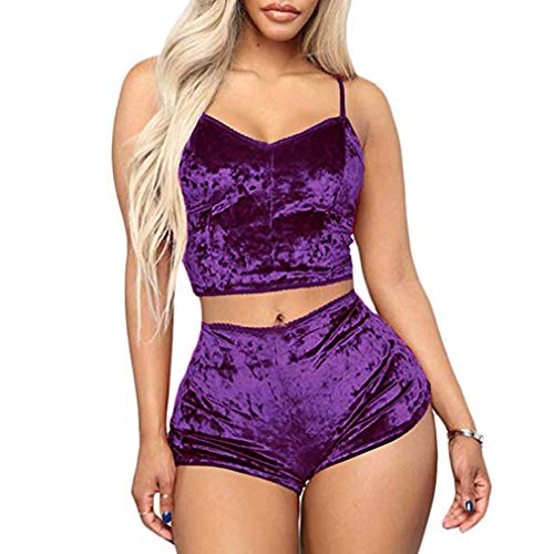 Image of RUEWEY Women Sexy Strappy Babydoll Lingerie Satin Pajama Set Camisole with Shorts 2 Piece Sleepwear
