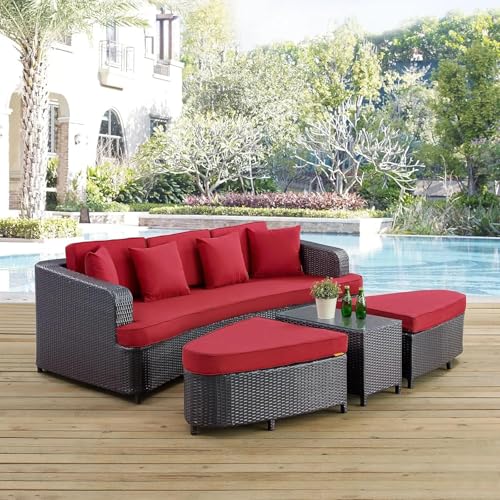Image of BRISHI Outdoor /Pool Side /Garden /Balcony /Porch /Backyard /Terrace /Patio /Beach /Rectangular Sofa Sunbed Wicker and Rattan Daybed (Brown /Red)
