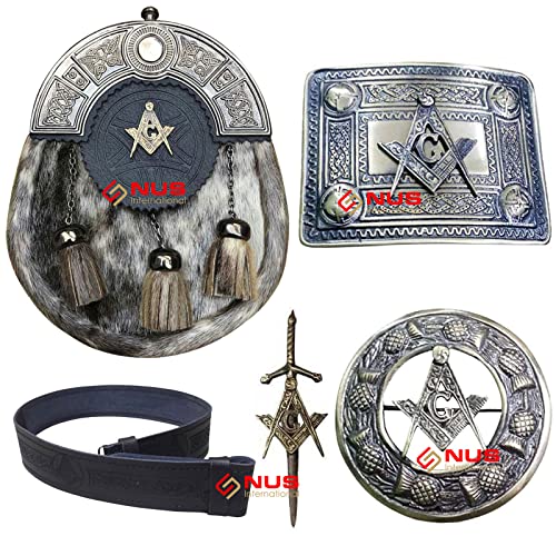 Kilt Belt With Buckle Scottish Sporran With Badge Style Masonic/Kilt Pin/Fly Plaid Brooch 5 Piece Set (Medium)