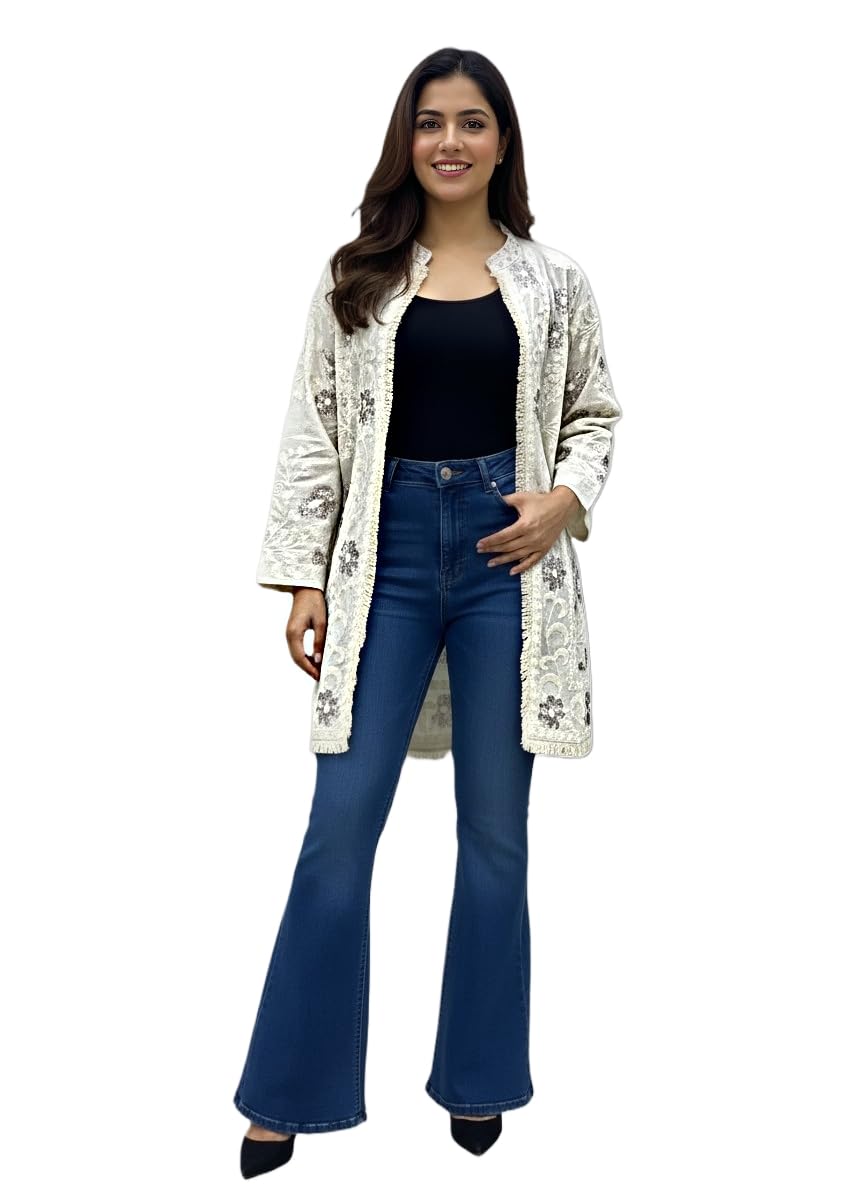 zeny creation Women's Floral Embroidered Open Front Jacket, Cream, Boho Style, Fringe Hem, Long Sleeve Coat-picture-32