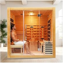 ZONEMEL Indoor Hybrid Sauna with Recliner, 195F Steam+149F Full Spectrum Infrared, Canadian Hemlock Wood Sauna for 2 or 3 People, 9 IR Heaters, 6KW Stove, 220V, Oxygen Ionizer, 8mm Tempered-Glass