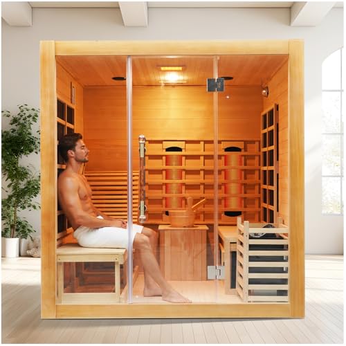 ZONEMEL Indoor Hybrid Sauna with Recliner, 195°F Steam+149°F Full Spectrum Infrared, Canadian Hemlock Wood Sauna for 2 or 3 People, 9 IR Heaters, 6KW Stove, 220V, Oxygen Ionizer, 8mm Tempered-Glass