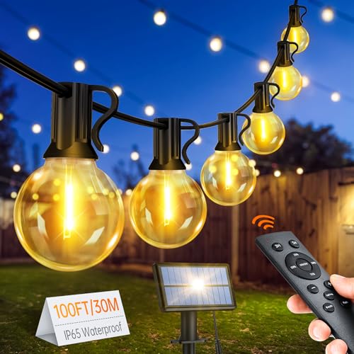 PBGMRT Guirlande lumineuse solaire G40 30 m 38 ampoules avec 2 ampoules de rechange avec télécommande