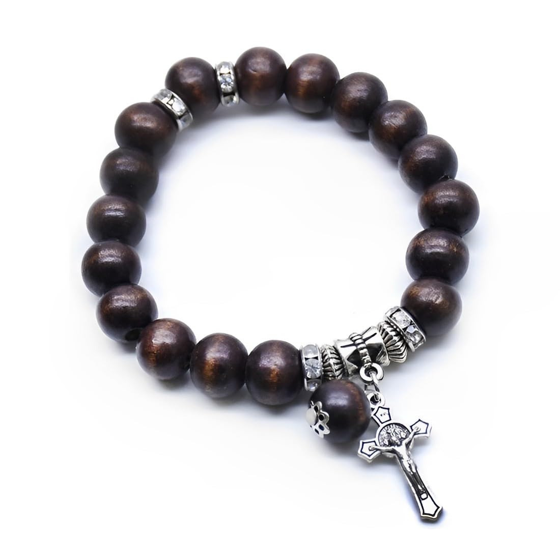 Perle in Legno per Rosario Cattolico con Croce in Bronzo Placcatura Bracciale Uomo Donna Marrone scuro