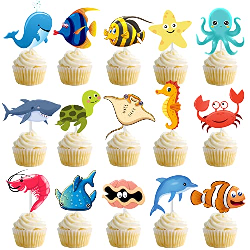 36Pcs Ocean Sea Animal Cupcake Toppers Ocean Animal Creature Cake Cupcake Toppers For Ocean Sea Theme Birthday Party Supplies Under The Sea Party Decoration #TOP2