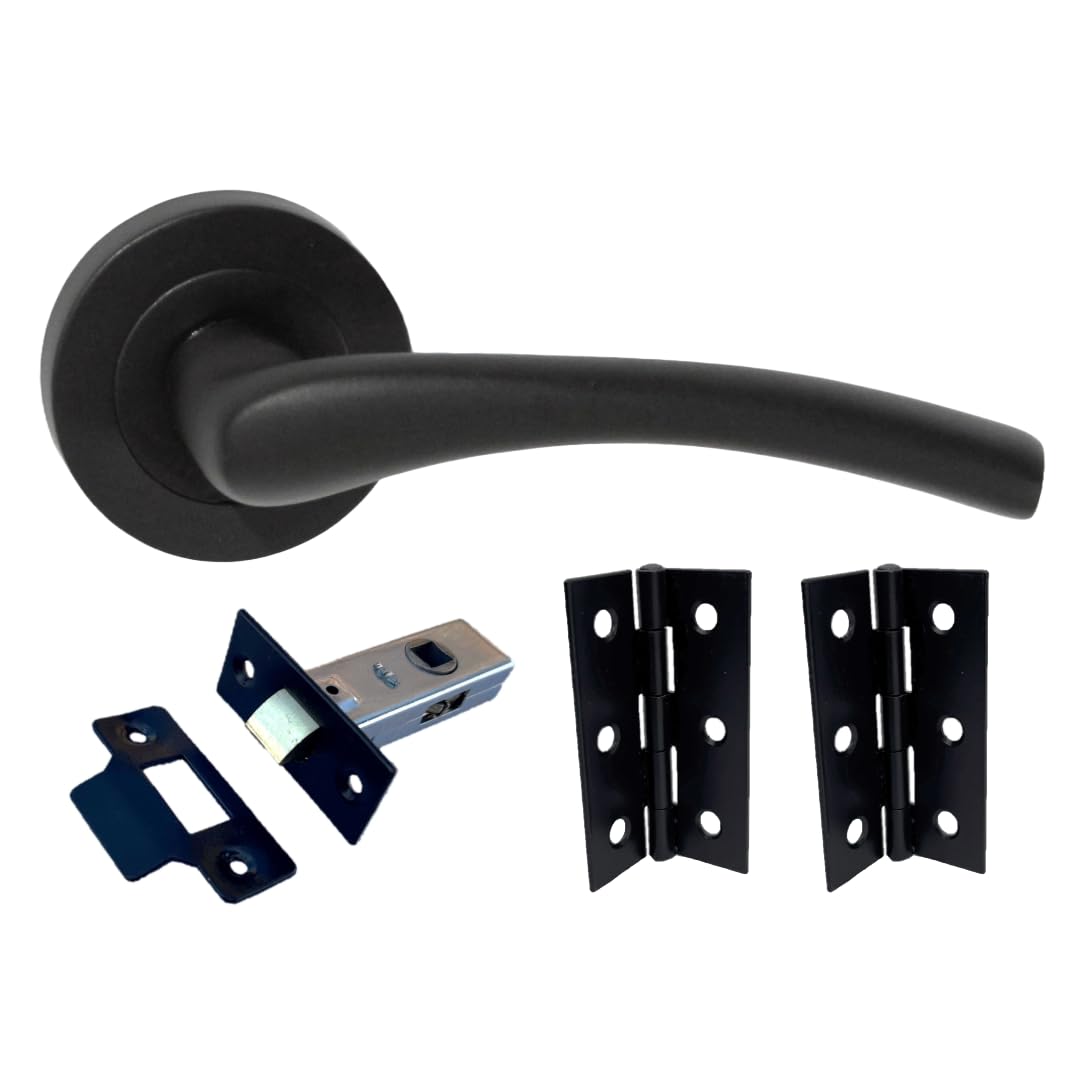 Haven Heritage Door Handle Sets - Zena Design Modern Matt Black Door Handles Internal & External Use - Black Matt Black Lever Latch, Tubular Latch & Hinges Sold as 1 Pair Set