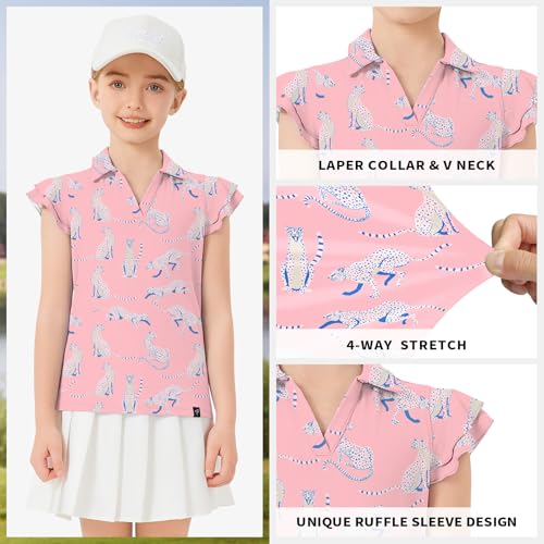 Image of Soneven Girls Ruffle Sleeve Polo Shirts V-Neck Golf Tennis T-Shirts Uniform Shirts Quick Dry for 4-14 Years