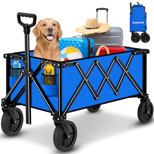 Eusuncaly Collapsible Wagon Cart Heavy Duty for Groceries, Folding Beach Wagon with All Terrain Wheels, Utility Large Capacity Wagon with 2 Drink Holders for Outdoor Camping Shopping Sports, Blue